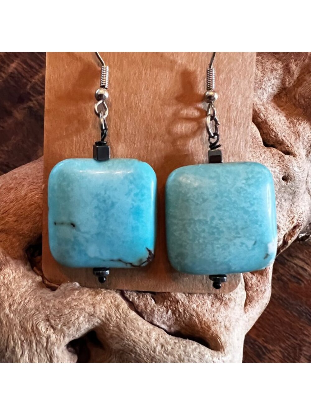 Large Turquoise Square Stone Dangle Earrings With Silver Hooks Boho Style